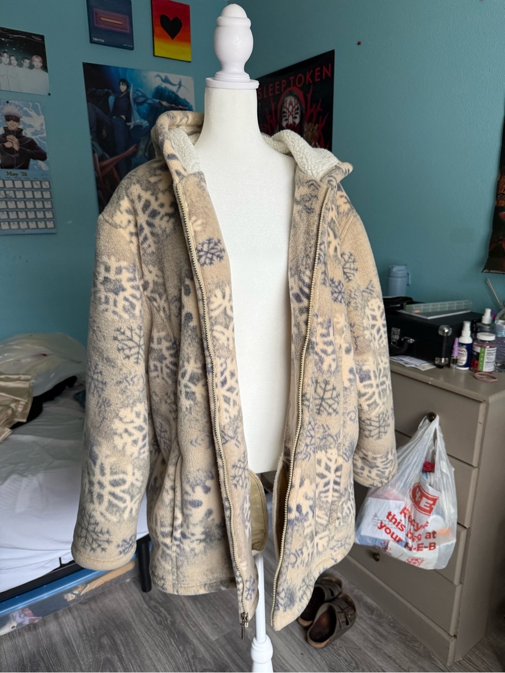 Beige Snowflake Teddy Jacket with Hood